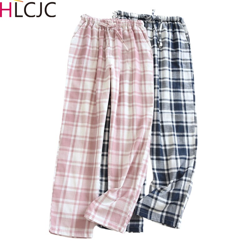 Couple Plaid Pants Cotton Long Trousers Casual Thin Home Pants Loose Drawstring Sleep Bottoms Women Pink Plaid Pajama Men Pants
