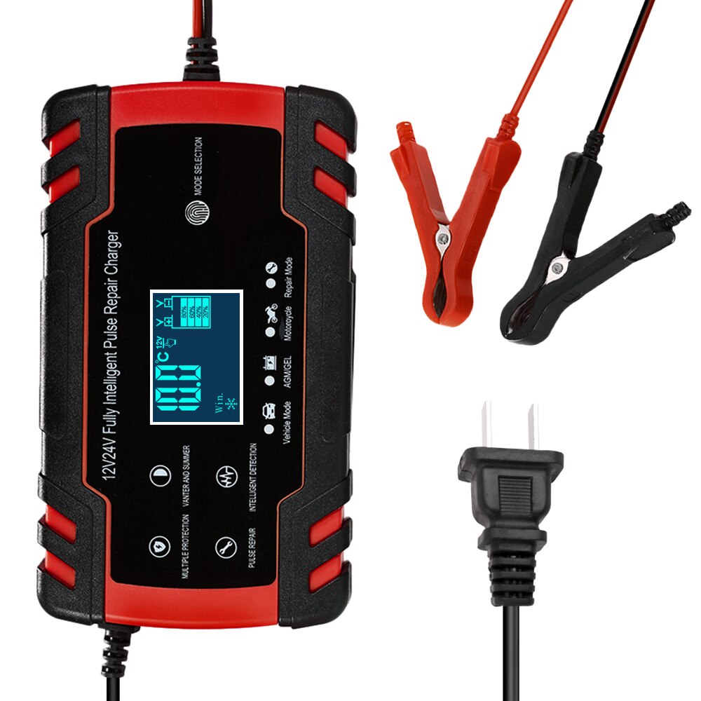 Chargeur de batterie de voiture 12V 8A 24V 4A | Chargeur de batterie intelligent, automatique, 3 étages, affichage LCD, chargeur de batterie à acide plomb humide, AGM GEL: Red US Plug