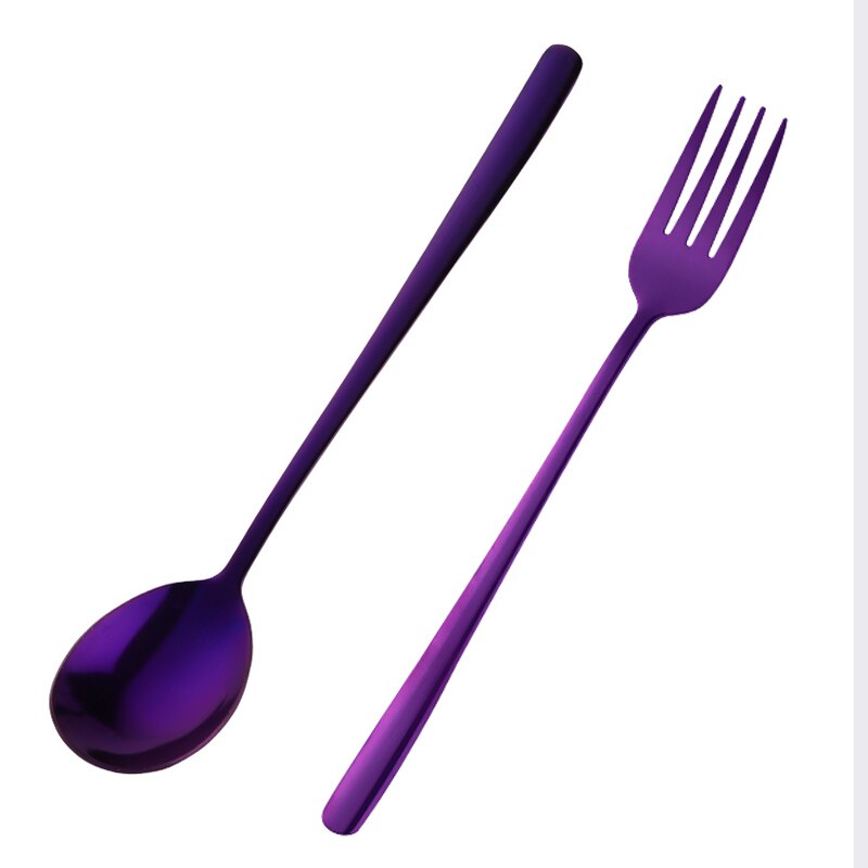 2 uds juego de tenedor cuchara cubiertos de acero inoxidable vajilla de postre de colores utensilios de cena de mango largo tenedores de ensalada cucharas de sopa vajilla casera: Purple-1set