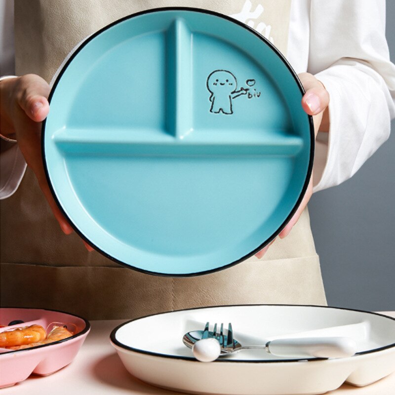 Disques en céramique pour enfants, repas divisé, assiette pour étudiant, assiette de séparation, réduisant la graisse, assiette à trois compartiments, ménage