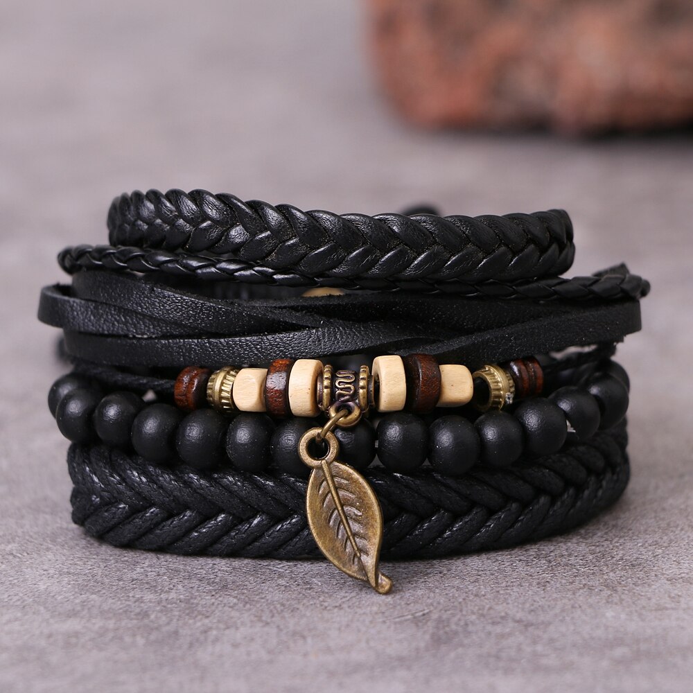 Ifmia Zwarte Mannen Armbanden Vintage Multilayer Leather Braid Armbanden Armbanden Leaf Handgemaakte Rope Wrap Armbanden Mannelijke Jewlery