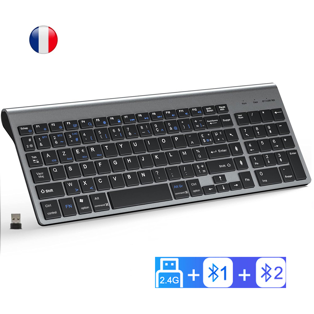 French Wireless AZERTY Layout Keyboard Ultra Slim Dual Mode Three Channel Bluetooth Keyboard for PC Windows IOS Mac Android