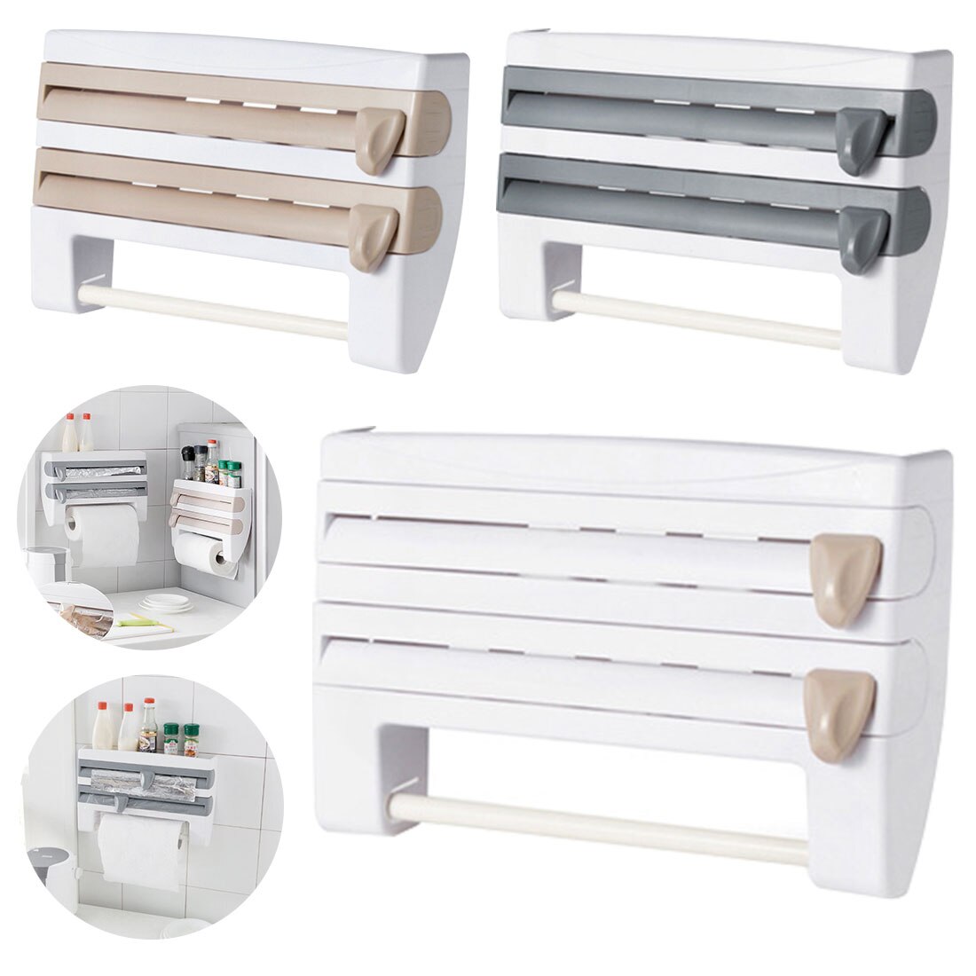 4in1 Muur-Mount Folie Papieren Handdoek Houder Saus Fles Opbergrek Food Grade Film Cutter Mutifunction Zeef Keuken Organizer