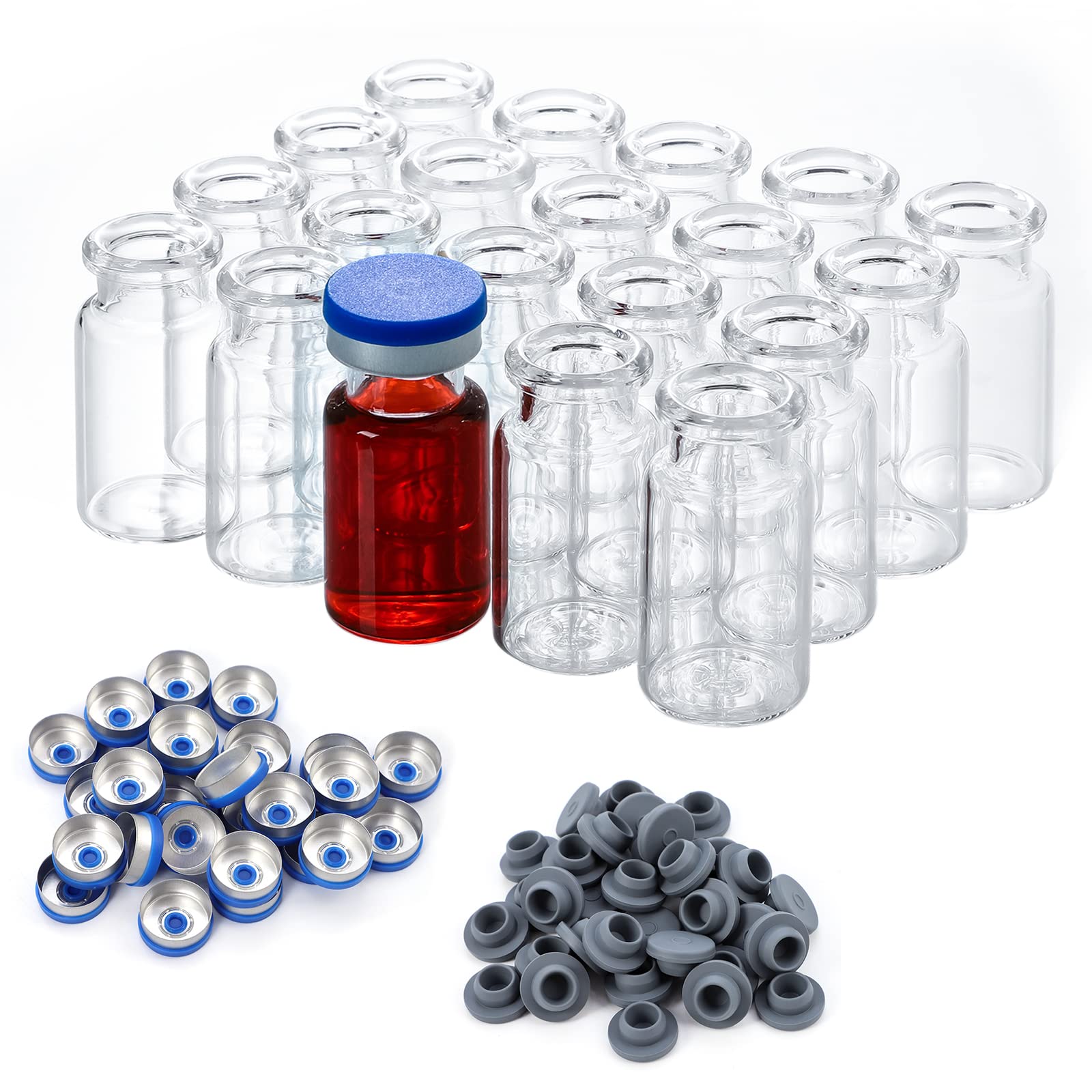 100- pack 10ml injektionsflaskor i genomskinligt glas för injektion, gummipropp och snäpplock för laboratorieprover: Default Title