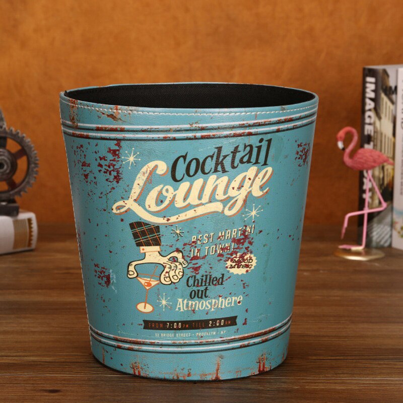 27cm Retro Wastepaper Basket PU Leather Bar Rubbish Bin Office Paper Basket Vintage without Lid Dustbin 8 Patterns: cocktail