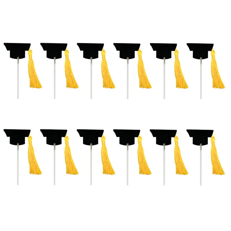 12pcs Graduation Hat Cake Topper Decoration Graduation Hat Cupcake Topper: Yellow