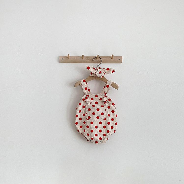 Lente baby bodysuit en zomer jongens meisjes boyle point schattige baby eenvoudige stippen creeper jumpsuit met bandjes broek: Rood / 6m