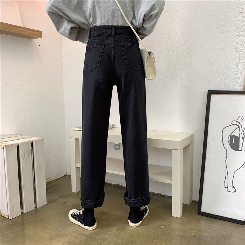 Jeans Women Black Chic Casual Womens Straight Denim Trousers Korean Style Loose Harajuku All-match Streetwear BF