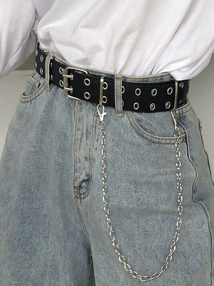 Kvindelige punk bukser pin spænde sort pil søm talje fuld tylle bælter mænd kvinder pu læder bælte til jeans 152: To række med kæde