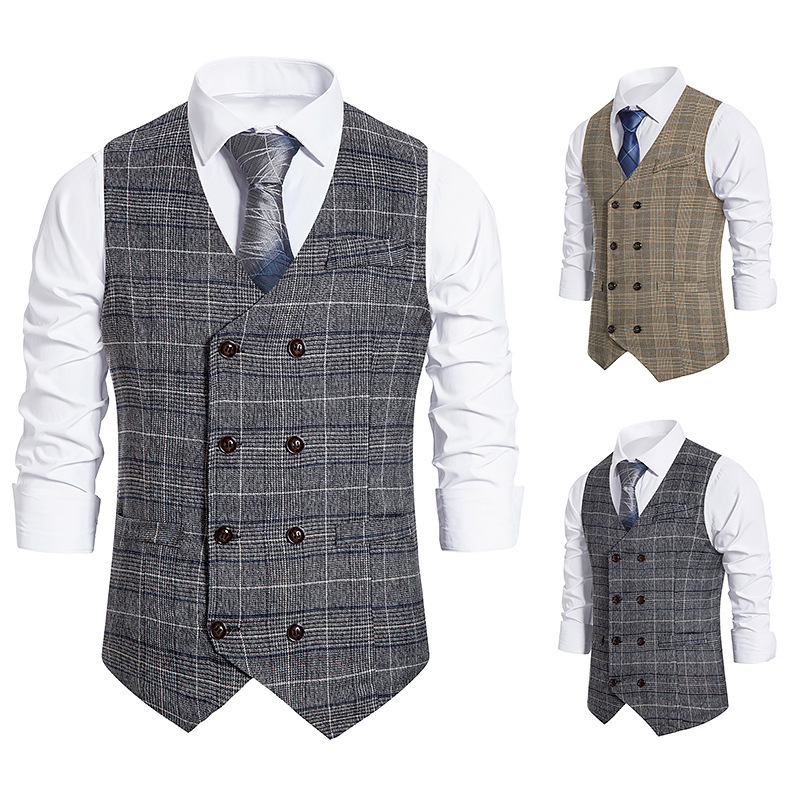 Men's Vests Fall European Code Men's Plaid Double-breasted Vest Suit Retro Waistcoat