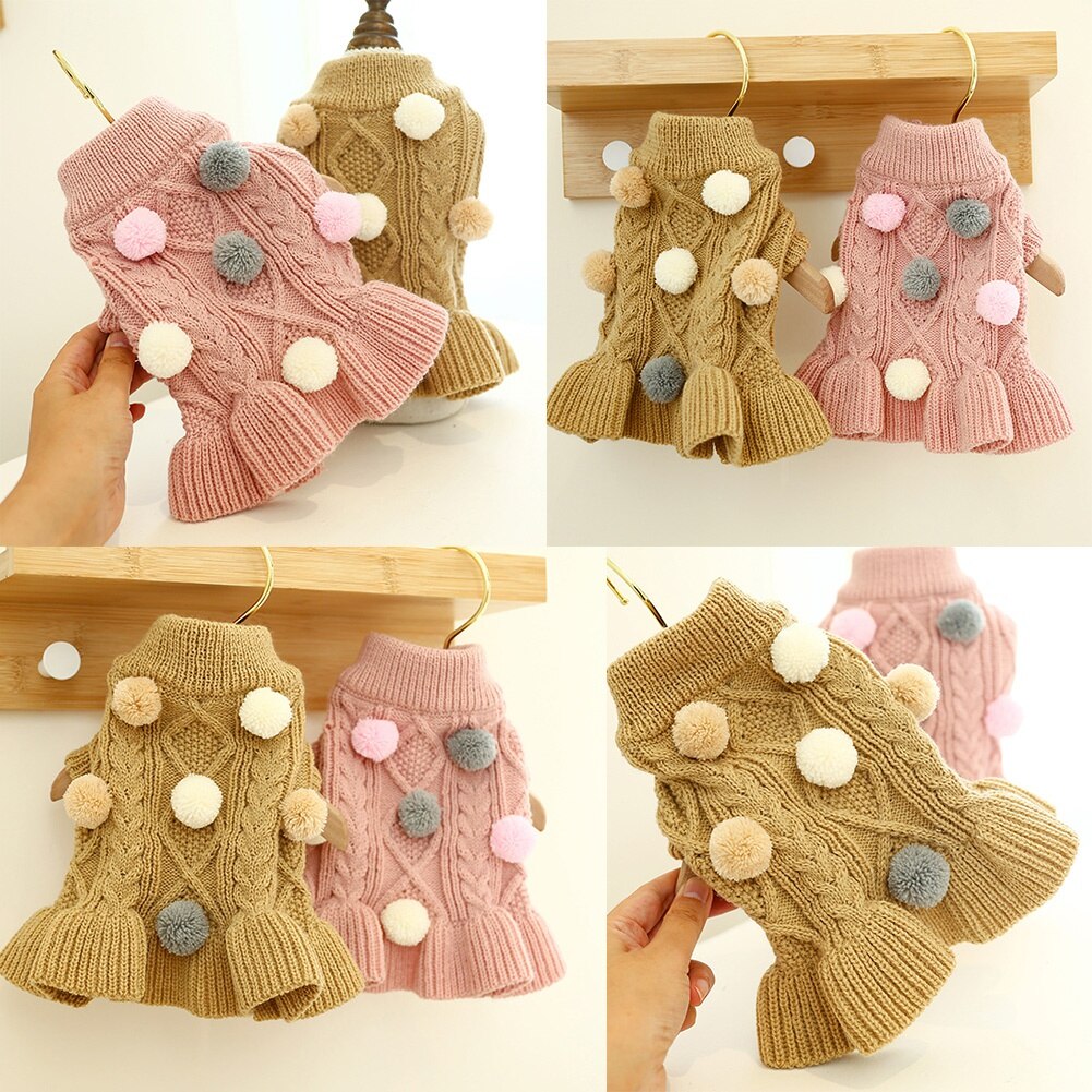 Winter Dogs Sweater Dress With Bowtie Checkered Dog Sweaters For Small Dogs Warm Ball Sweaters Skirt Dachshund Chihuahua Corgi