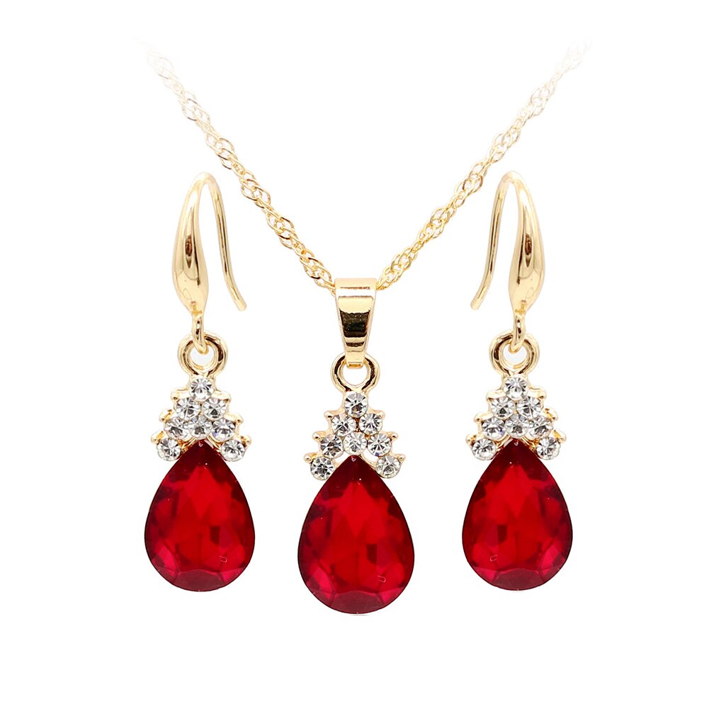 Vintage Teardrop Strass Frauen Schmuck Set Halskette Haken Ohrringe Anhänger: Red