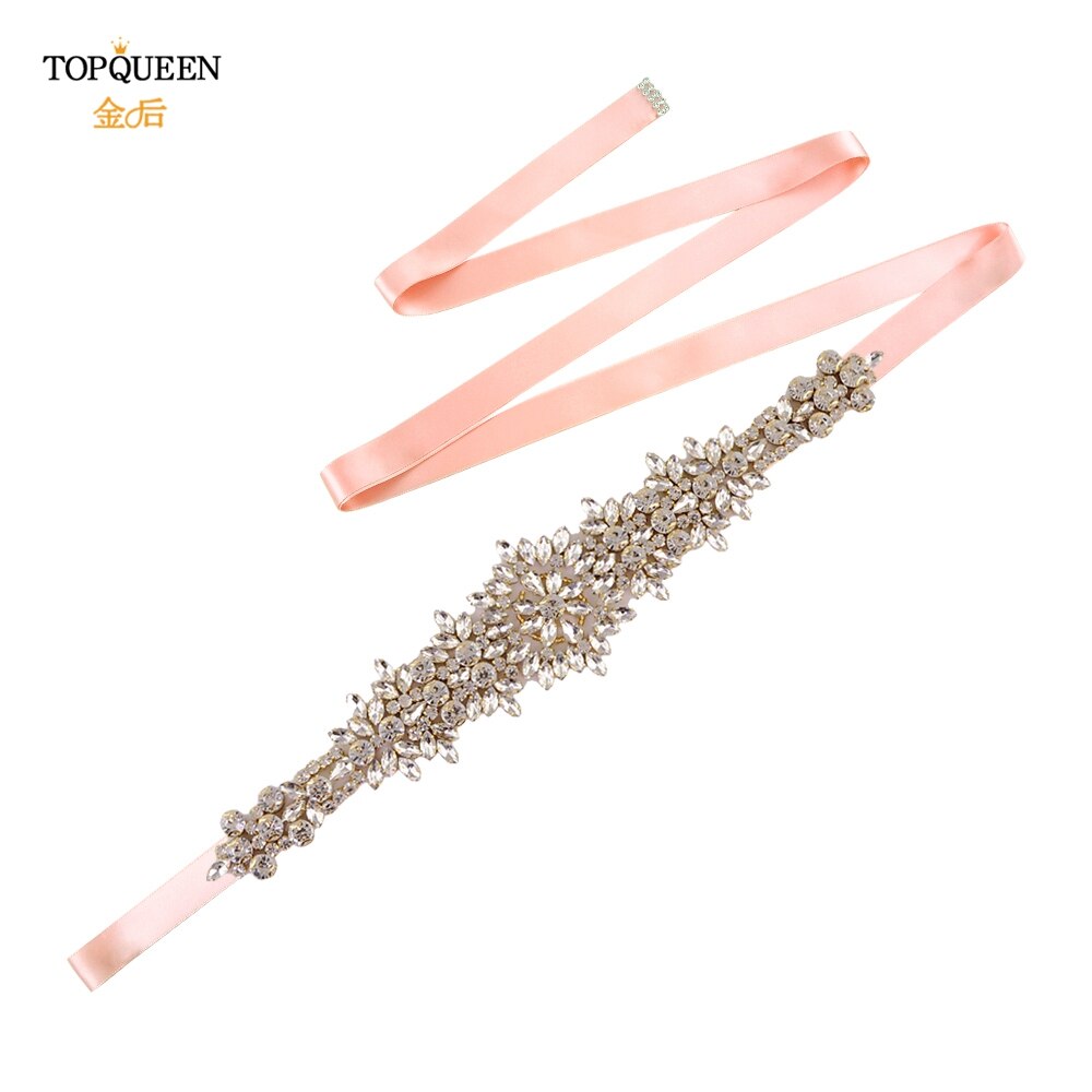 TOPQUEEN-cinturones para vestidos de novia de talla grande S319-G, cinturones dorados para mujer, cinturón de diamantes de imitación, cinta de lujo para novia, faja de boda: Vntage Pink ribbon