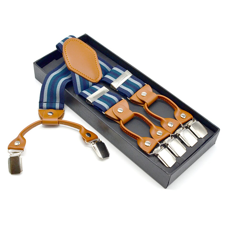 Showersmile seler herre seler til bukser stripet skjorte holder business seler 6 klips bukser seler 120 cm: Innsjøblue