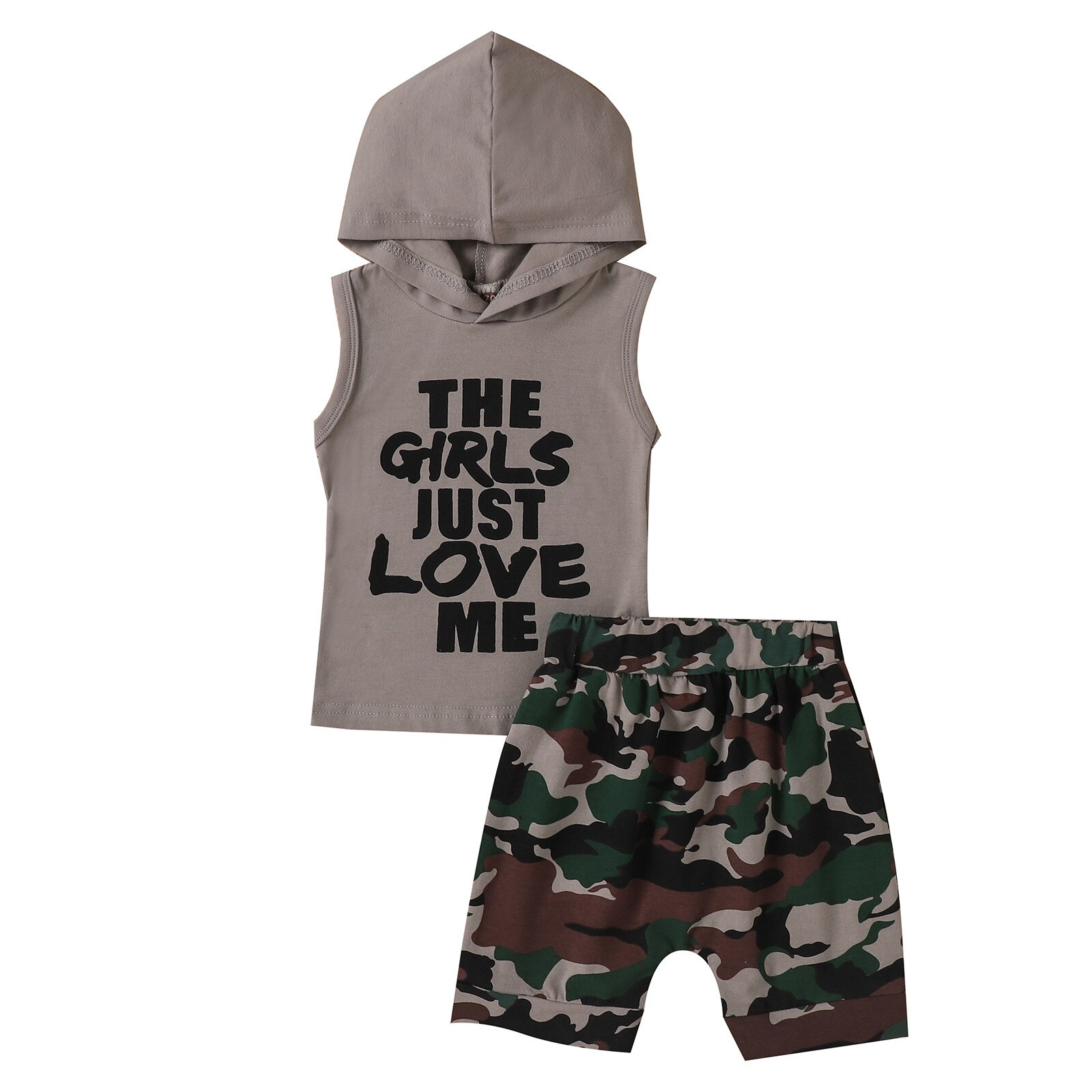 40# Toddler Baby Kids Boys Clothes Short Sleeve Letter Positioning Print Hooded Top + Camouflage Pants Baby Boy Clothes Set: Gray / 90