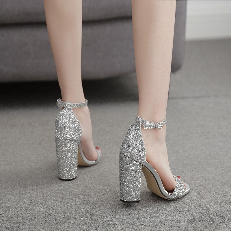LEOPARD LAND Summer Word with Thick Heel Buckle Women's Shoes Silver Sequin Hollow High-heeled Sandals Women ZL