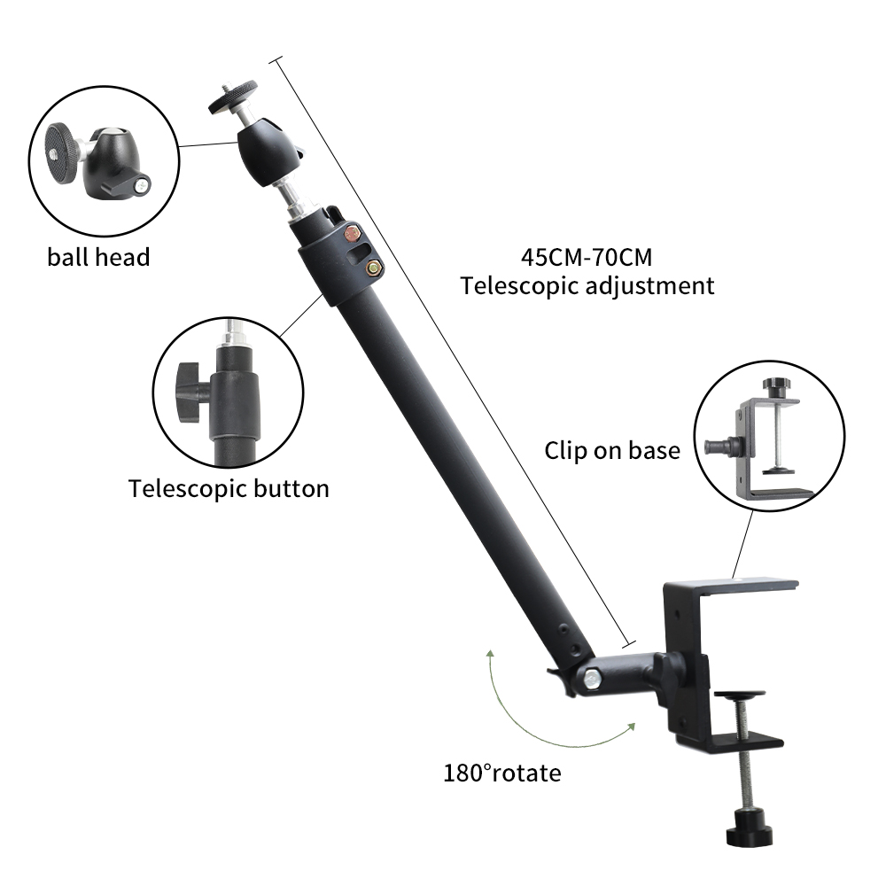 Treppiede con clip da tavolo Monitor da scrivania in piedi con testa a sfera da 1/4" Anello luminoso Staffa regolabile Supporto per fotocamera DSLR