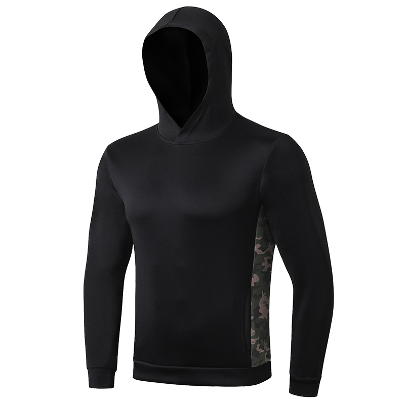 Men's Sportswear Running Fitness Training Hooded Sweatshirt Loose Casual Long-sleeved Camouflage Hoodie Jacket Quick Dry Tops: XXL / Black