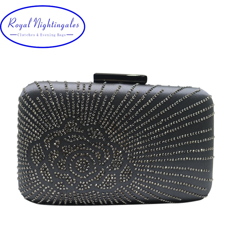 Royal Nightingales Crystal Evening Clutch Bag and Evening Bags Box Clutch for Womens with Shoulder Chains Gray Black Blue