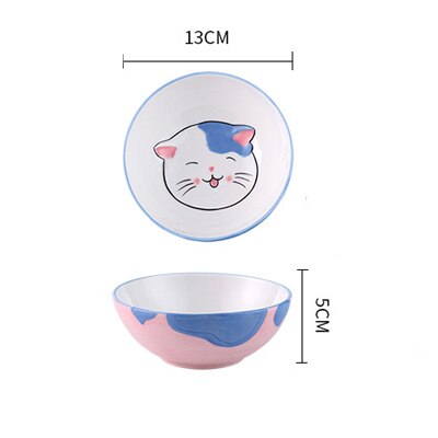 Cute Cat Ceramic Dinner Plate Dish Bowl Spoon Set Cartoon Porcelain Food Container Kids breakfast Dinnerware Set: Blue Small bowl