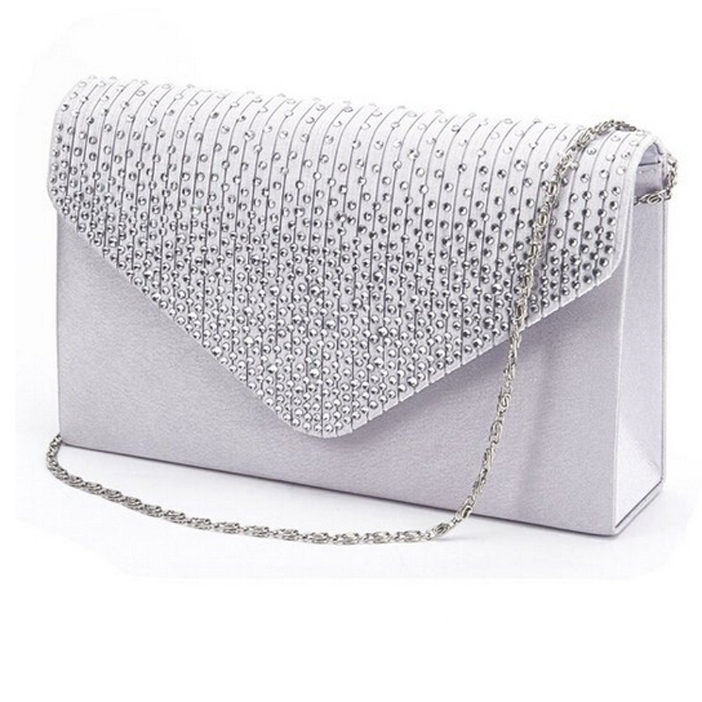 25#  kvindekobling diamante dameaften taske vintage kæde tegnebog fest kuvert telefon håndtaske bolsa feminina: Sølv
