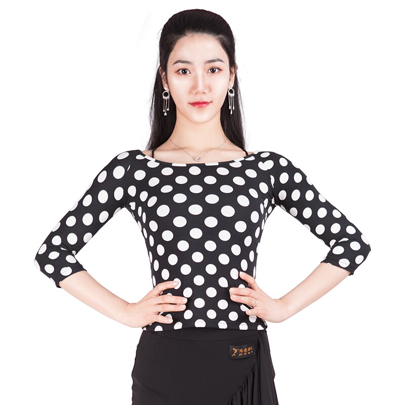 Camisetas de práctica para adultos bailarín latino, ropa de baile moderno con cuello redondo de punto blanco para mujer, Rumba, Tango, Samba, Salsa, VO1312