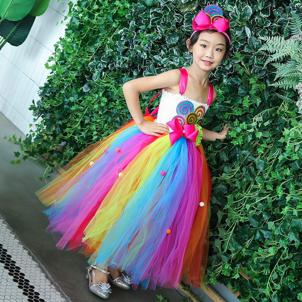 Arco Iris dulce caramelo Hada disfraz de cumpleaños niños Piruleta de arcoíris flor arco tutú vestido y Diadema para carnaval de Mardi Gras