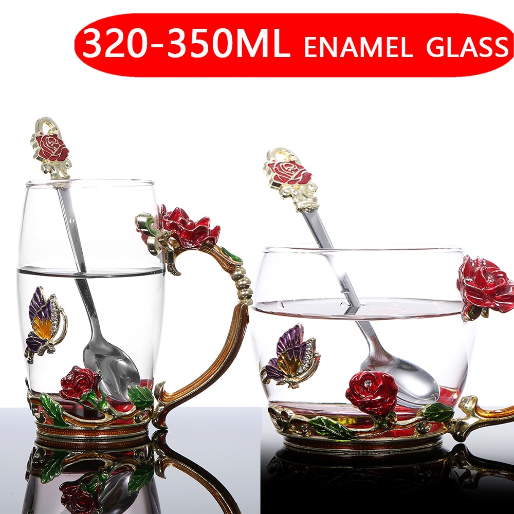 FenKicyen Enamel Glass Cup Red Blue Rose Flower Coffee Cup Wine Cocktail Glasses Tea Mug With Spoon For Lover 320-350ml 1pc