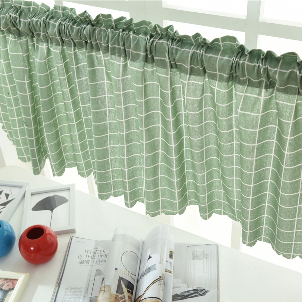 Cenefa de rejilla a rayas para ventana, faldones de cortinas opacas, cortas, semitransparentes, de bolsillo, para Cocina