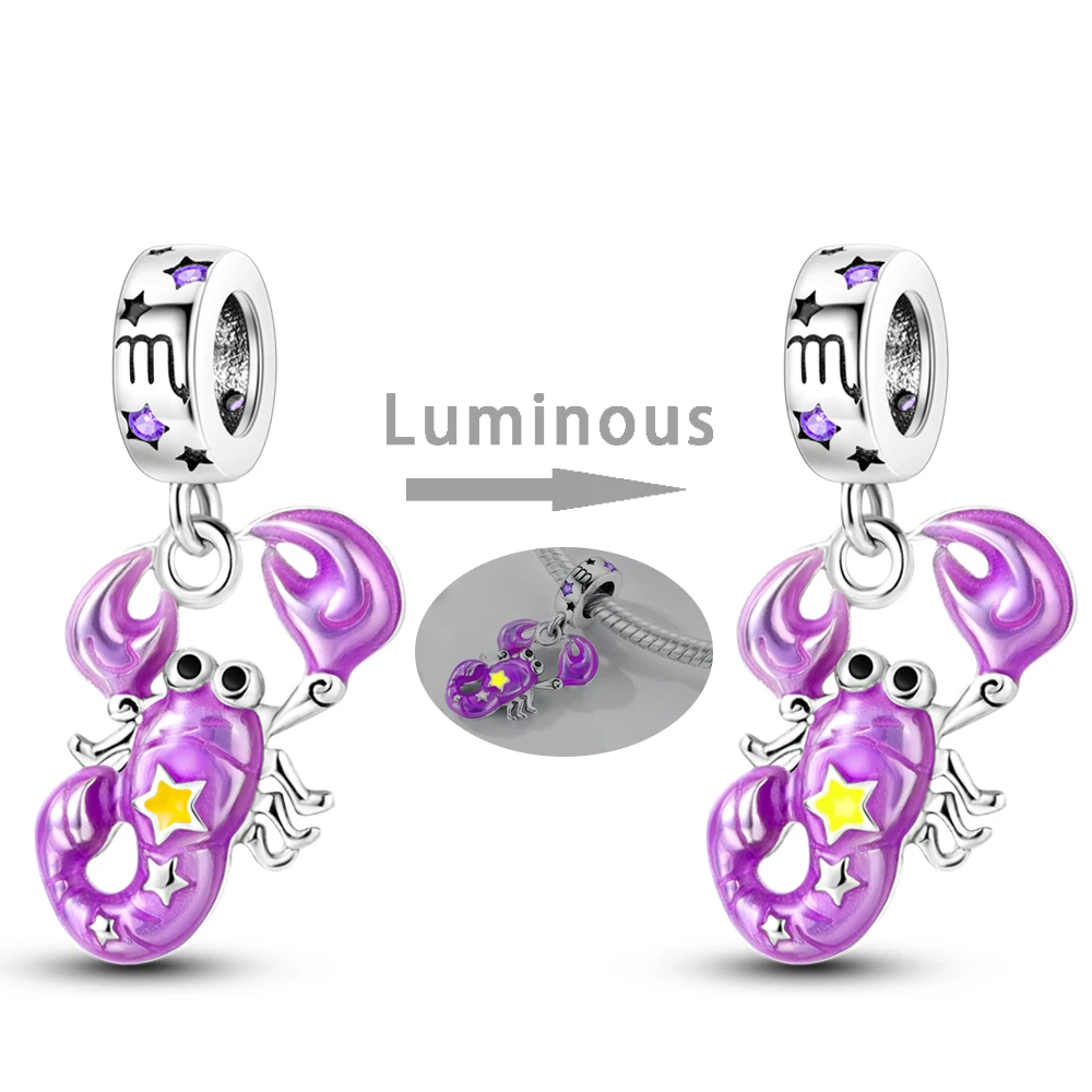Signos do zodíaco encantos originais 925 prata esterlina brilho no escuro pingentes contas caber pulseira diy jóias presente de aniversário para mulher: Azul