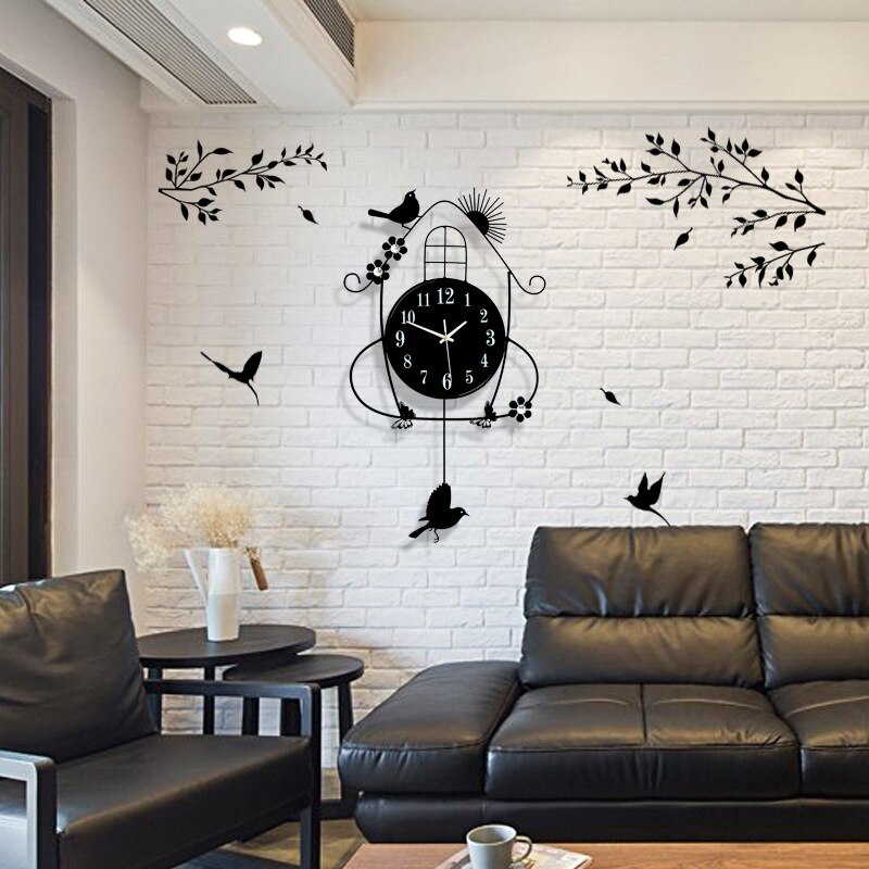 Pendulum Light in the Dark Wall Clock Modern Living Room Luminous Bird Metal 3D DIY Stickers Pared Con Pendulo Home Decor