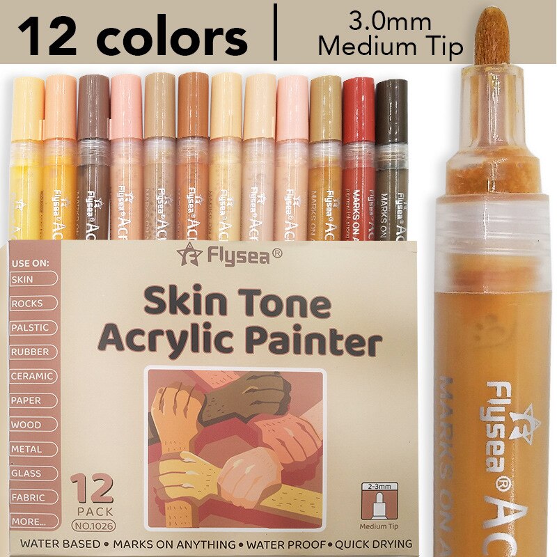 Marcadores de tono de piel, juego acrílico de 12 marcadores de colores de piel para pintar en rocas, azulejos, vidrio, cerámica, madera, rotuladores de pintura acrílica: 0.7mm Skin 12 colors