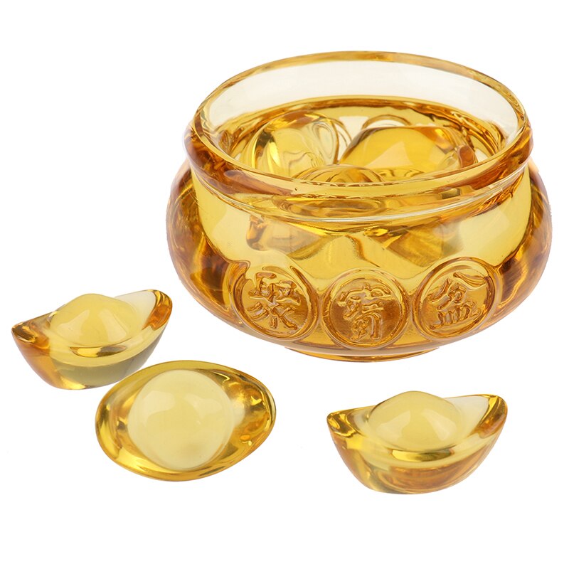 Feng shui kinesisk krystall gull ingots glass gul rikdom skatt skål statue dekorasjon