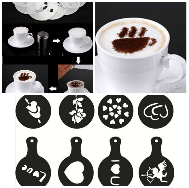 8 Stks/set Koffie Melk Cake Cupcake Stencil Plastic Template Barista Fancy Cappuccino Latte Spuiten Decoratie Tool Ye