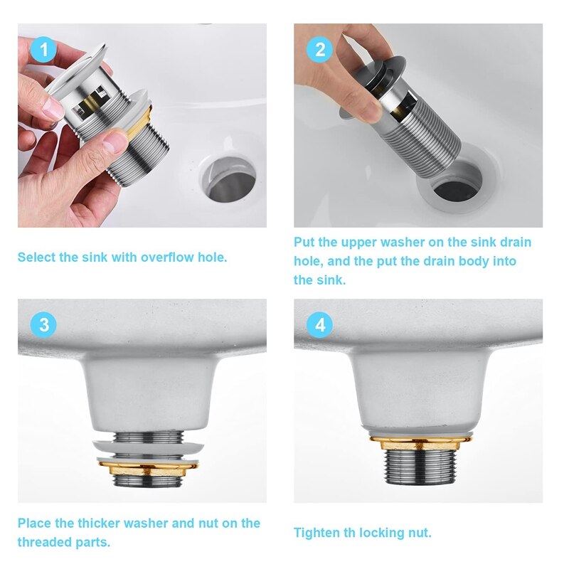 Basin Sink Waste PopUp, Click Clack Sprung Plug with Overflow for Bathroom Sink, Sprung Basin Waste Slotted