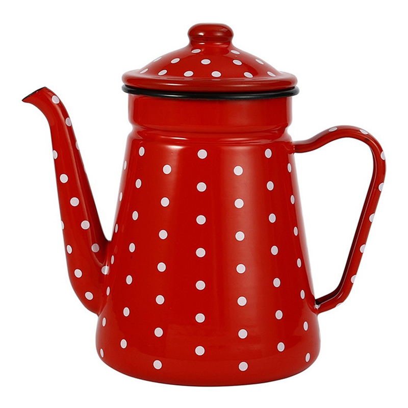 1.2L Enamel Coffee Pot Pour Over Milk Water Jug Pitcher Barista Teapot Kettle for Gas Stove and Induction Cooker: Red White Spot