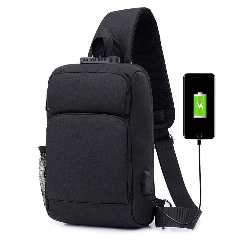 Grote Capaciteit USB Opladen Borst Pakken Mannen Toevallige Schoudertas Crossbody Tas Borst Zak Antihechtende Reizen Messenger Bag Mannelijke Sling Bag: Black