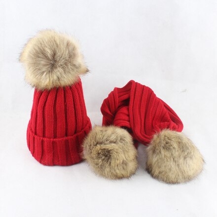 HEALCOLD Jungen Mädchen Hütte Schal einstellen freundlicher Pelz Bommel Mützen Schal Winter Schal Hütte Für freundlicher: Wein rot Hut