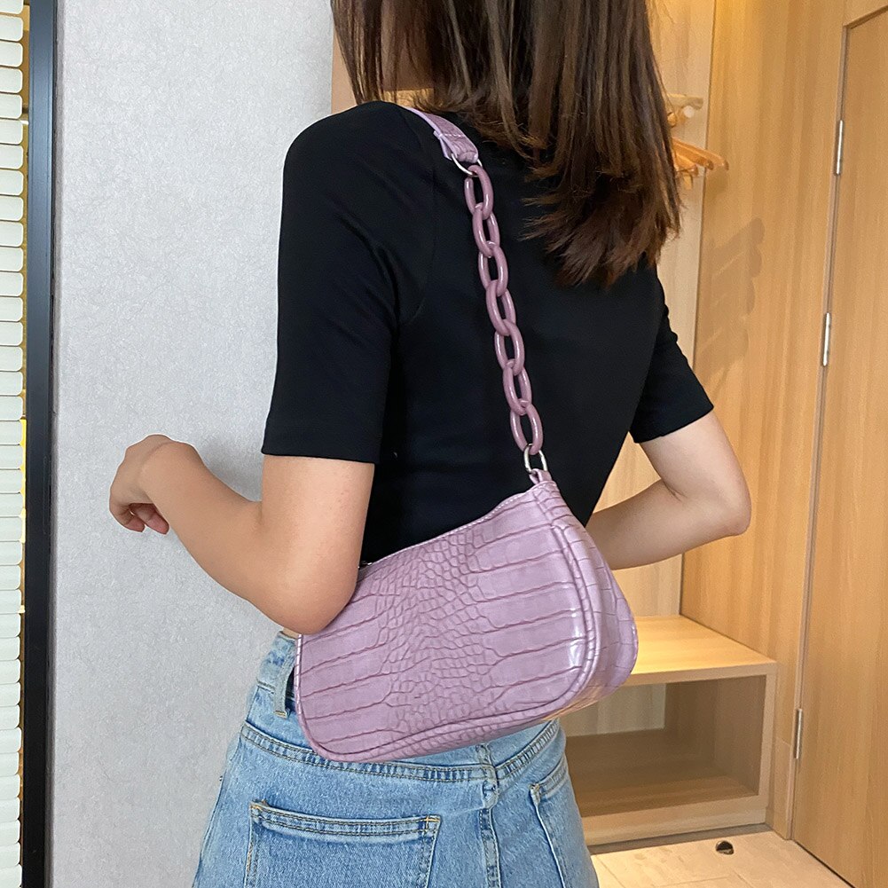 Sac à main Baguette motif Crocodile pour femmes, sac à épaule couleur bonbon avec chaîne, petits sacs sous les bras en cuir à la ,