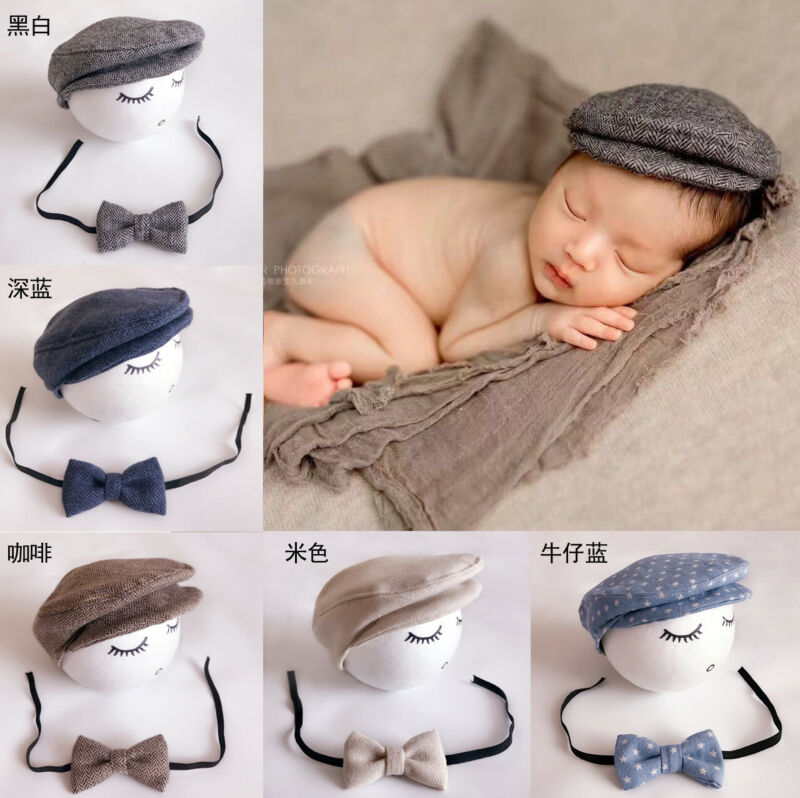 Newborn Baby Peaked Beanie Cap Hat Bow Tie Photo Photography Prop Infant Boy Caps