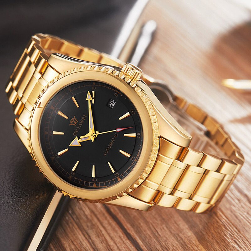 Ouyawei Luxe Automatische Mechanische Horloge Zwarte Goud Sliver Case Skeleton Horloges Mannen Self Winding Mannelijke Eenvoudige Heren Horloge: WATCH 1