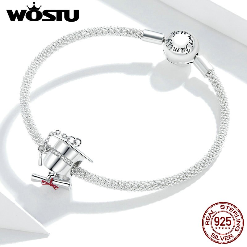Srebro wysokiej próza pomocą 925 WOSTU CZ kwadrat Szkoła Wyższa czapka metalowe wiszące na oryginalną srebrną bransoletkę śliczne DIY prezent z wdziękiem FNC357
