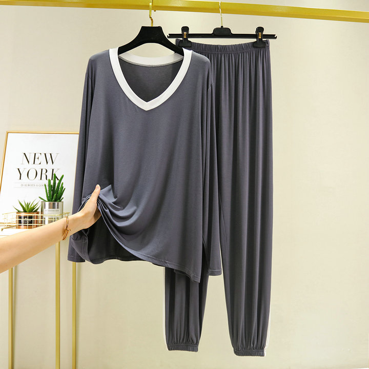 Fdfklak 2PCS Pajama Sets Women Autumn Long Sleeve Solid Modal Loose Breathable Soft Home Clothing Comfortable Sleeping Suits