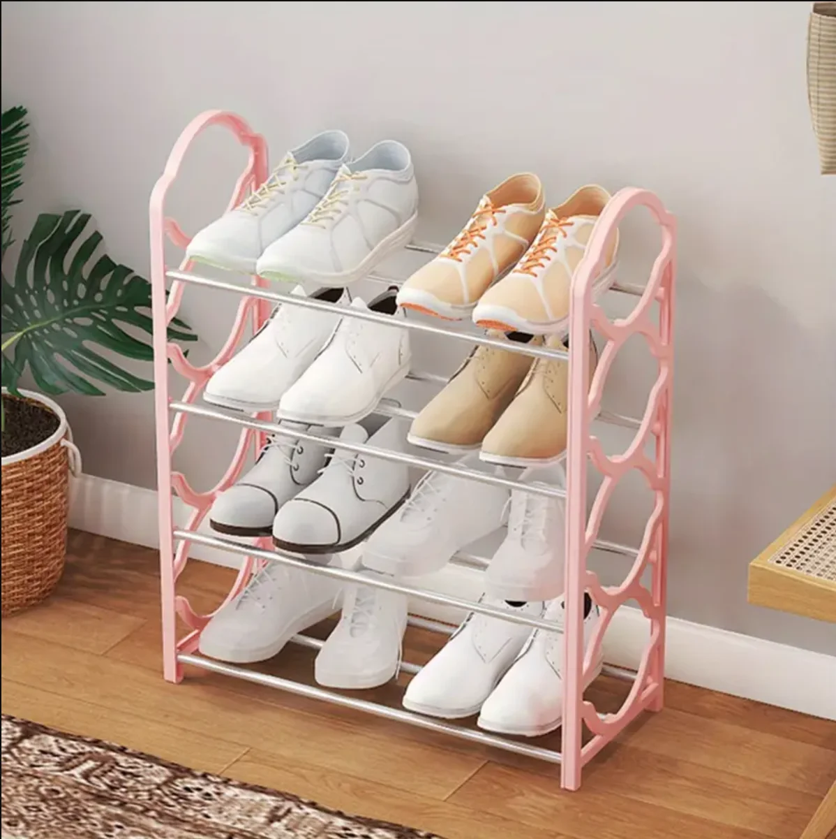 4 Tier Shoe Rack Organizer for Closet Stainless Steel, Shoe Shelf for Front Door Entrance and Entryway, Floor Shoe Rack Cabinet: Pink