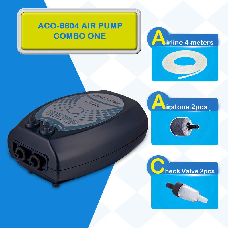 Brand HAILEA ACO-6604 Silent Aquarium Air Pump Oxygen Pond Aerator Water Fish Tank 4W 2x4.5L/Min Authorized Dealer: ACO-6604 COMBO ONE / US Plug