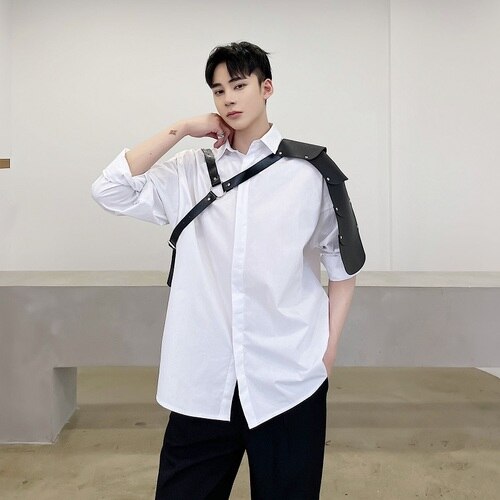 Printemps été Streetwear Japonais Hip Hop PU Bandage Noir Fonctionnel Vent À Manches Longues Chemise homme Ample Décontracté: M