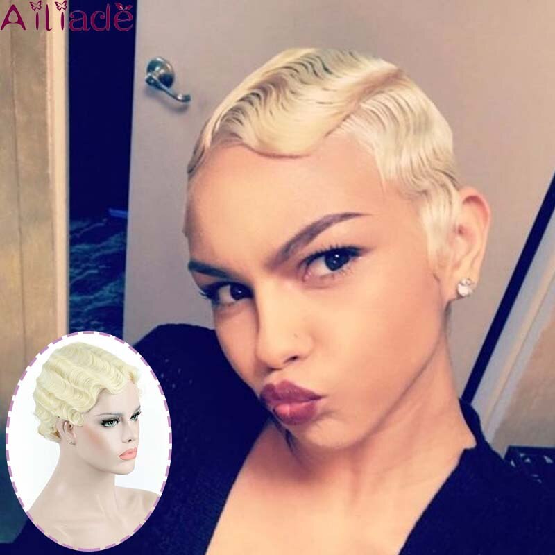 AILIADE cheveux noirs vague courte perruques pour femme court doigt vague perruques court coupe de lutin perruque courte perruques: P1b / 27