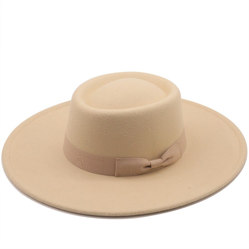 9.5 Cm Wide Brim Plain Black Flat Top Hat Boater Women Wool Fedora Felt Hats with Bowknot Vintage Church Wedding Panama Cap: beige