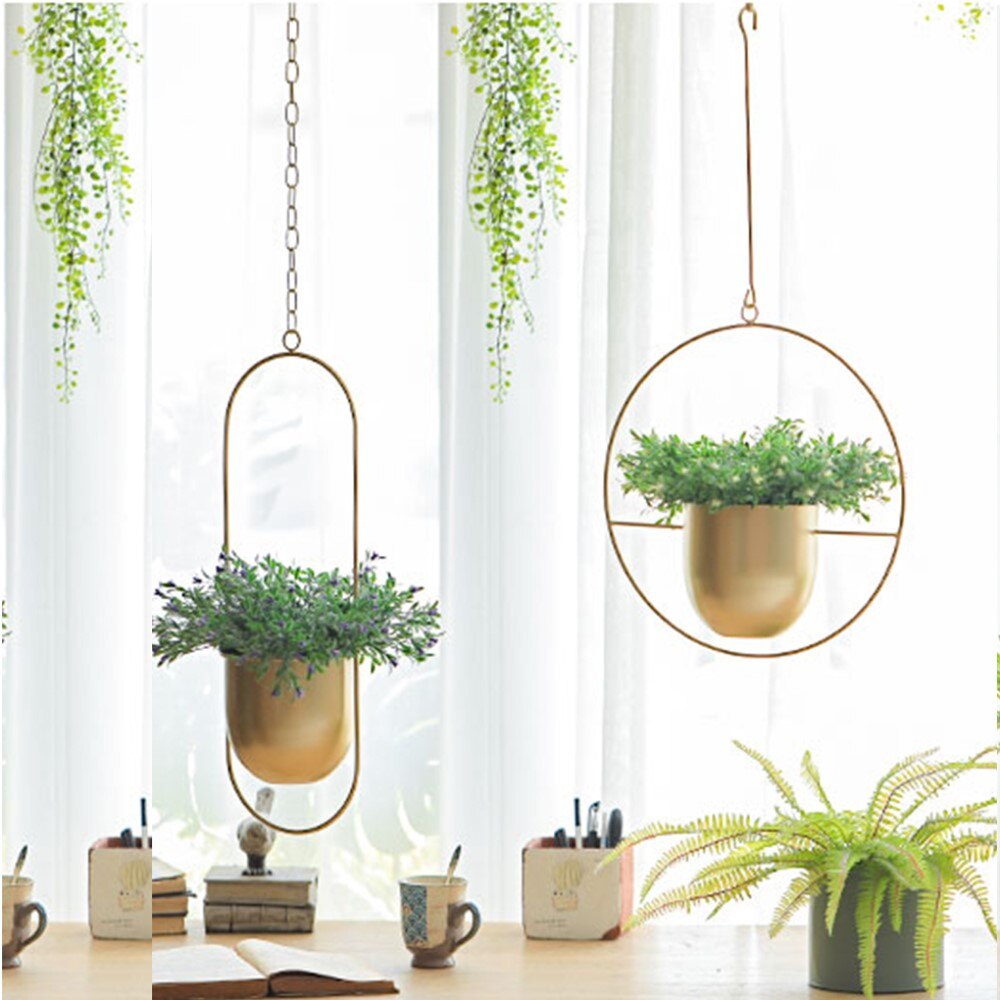 Hanging Flower Pot Chain Set - 2 Pcs Metal Iron Basket Hanger - Wall Mount Balcony Decor: Gold 2Pcs