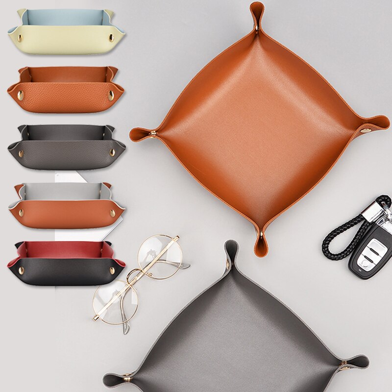 nordisch Stil Faux Leder Ablage Kasten Multi-zweck Druckknopf Schmuck Kosmetik Schlüssel Platte Platz Schreibtisch Organisation